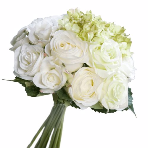 Buchet trandafiri si hortensii artificiale crem-verde - 35 cm