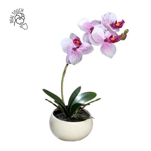 Orhidee artificiala alb-mov in ghiveci ceramic - 25 cm