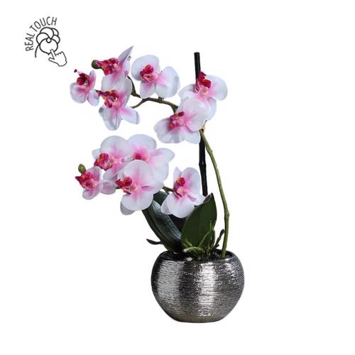 Orhidee artificiala alb-roz in ghiveci ceramic - 30 cm