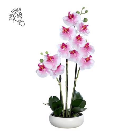 Orhidee artificiala alb-roz in ghiveci ceramic - 36 cm