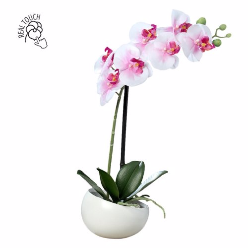 Orhidee artificiala alb-roz in ghiveci ceramic - 40 cm