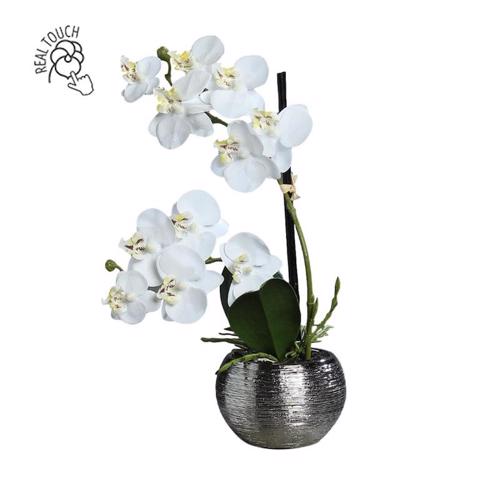 Orhidee artificiala alba in ghiveci ceramic - 30 cm
