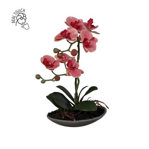 Orhidee artificiala roz-somon in ghiveci ceramic - 30 cm