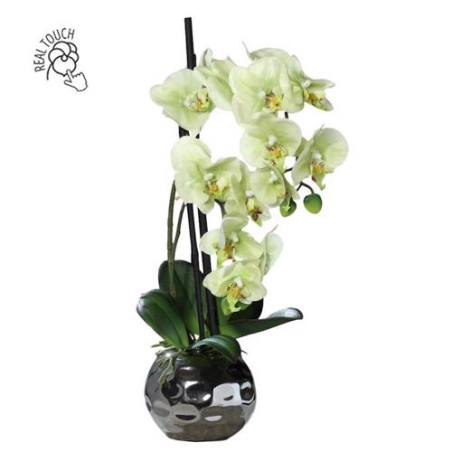 Orhidee artificiala verde-crem in ghiveci ceramic - 50 cm