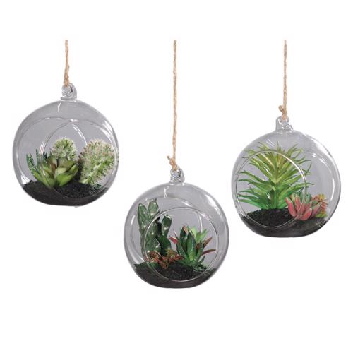 Set x3 plante suculente artificiale decorative in ghiveci de sticla - 13 cm
