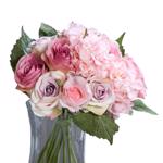 Buchet trandafiri si hortensii artificiale roz - 35 cm