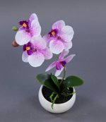Orhidee artificiala alb-mov in ghiveci ceramic - 25 cm