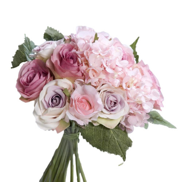 Buchet trandafiri si hortensii artificiale roz - 35 cm