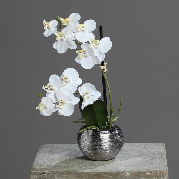 Orhidee artificiala alba in ghiveci ceramic - 30 cm