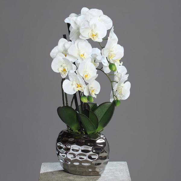 Orhidee artificiala alba in ghiveci ceramic - 50 cm