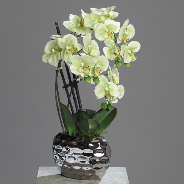 Orhidee artificiala verde-crem in ghiveci ceramic - 50 cm