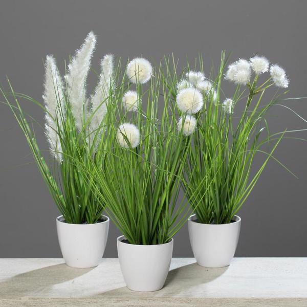 Set x3 iarba artificiala decorativa verde-crem in ghiveci - 38 cm